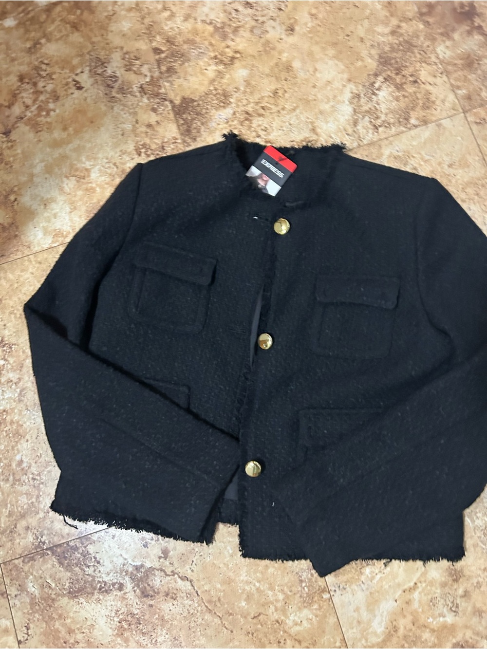 Express Black Tweed Blazer with Gold Buttons